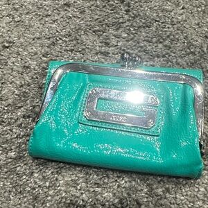 Guess Teal Patent Kiss-Lock Wallet with Silver Hardware